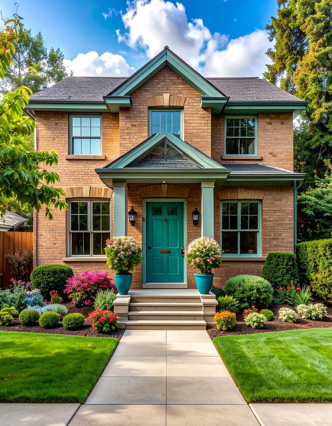 Tan Brick House with Muted Teal Accents - 25 Beautiful Tan Brick House Color Scheme Ideas