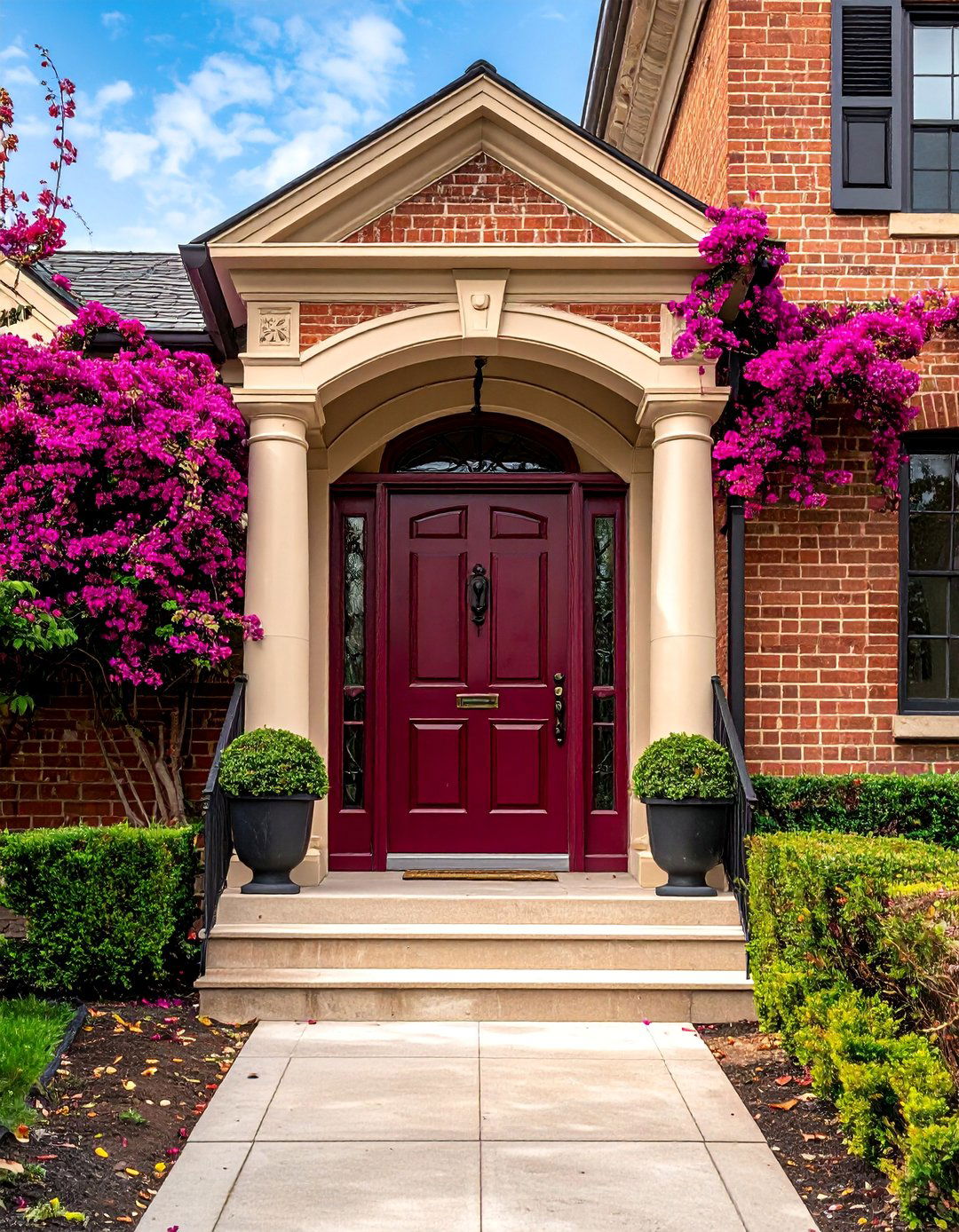 Tan Brick House with a Burgundy Front Door - 25 Beautiful Tan Brick House Color Scheme Ideas