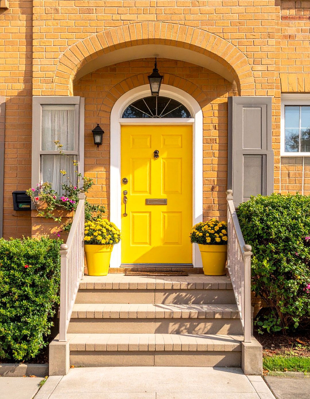 Tan Brick House with a Cheerful Yellow Front Door - 25 Beautiful Tan Brick House Color Scheme Ideas