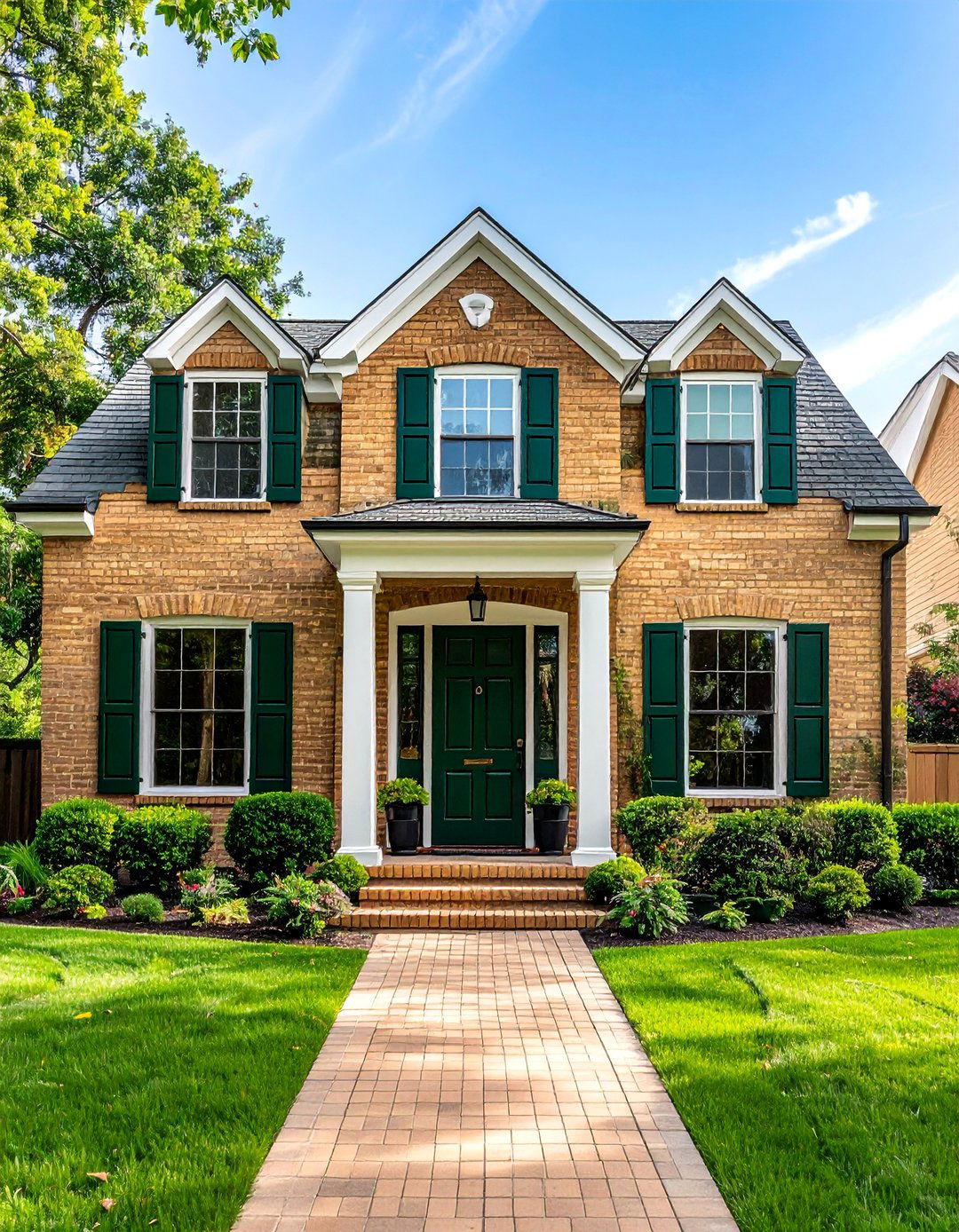 Tan Brick House with a Dark Green Front Door - 25 Beautiful Tan Brick House Color Scheme Ideas