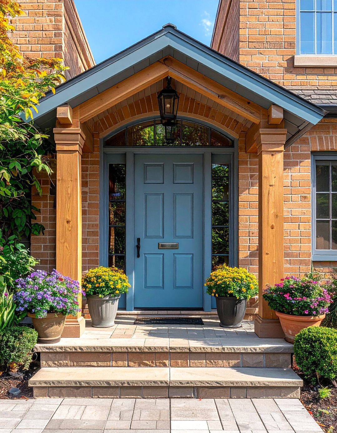 Tan Brick House with a Dusty Blue Front Door - 25 Beautiful Tan Brick House Color Scheme Ideas