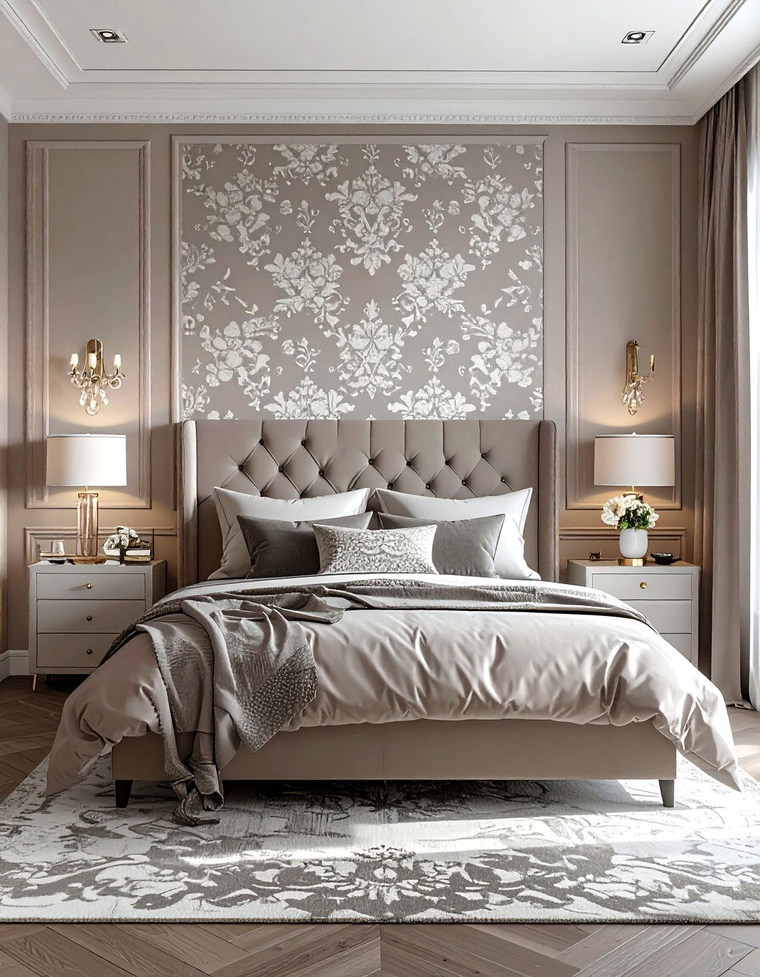 Taupe Bedroom with Patterned Wallpaper - 20 Taupe Bedroom Ideas for a Calming and Cozy Retreat
