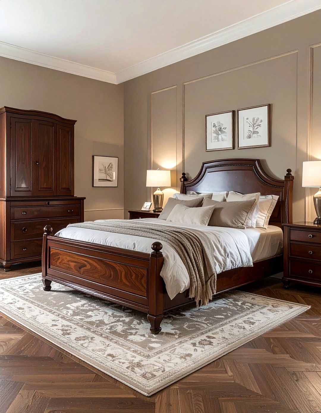 Taupe Bedroom with Rich Wood Furniture - 20 Taupe Bedroom Ideas for a Calming and Cozy Retreat