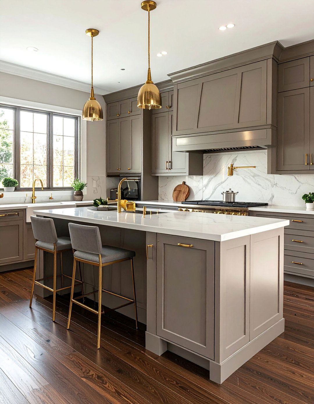 Taupe Kitchen Cabinets Paired with Dark Wood Floors