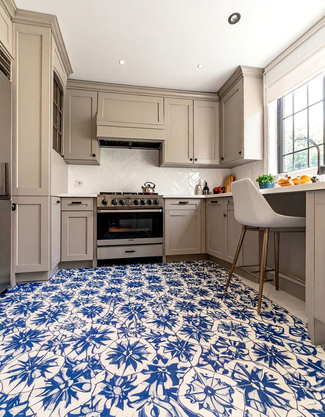 Taupe Kitchen Cabinets and a Patterned Tile Floor - 25 Stunning Taupe Kitchen Cabinet Design Ideas