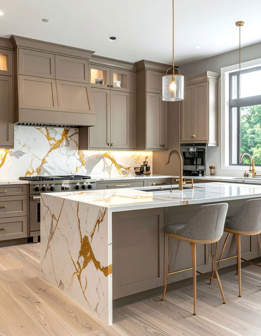 Taupe Kitchen Cabinets with a Marble Backsplash - 25 Stunning Taupe Kitchen Cabinet Design Ideas