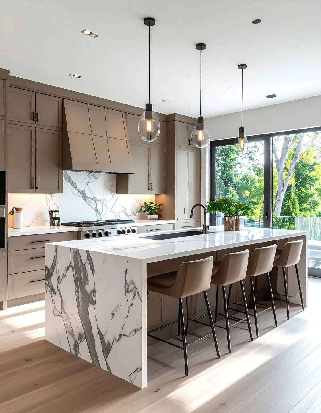 Taupe Kitchen Cabinets with a Waterfall Island Countertop - 25 Stunning Taupe Kitchen Cabinet Design Ideas