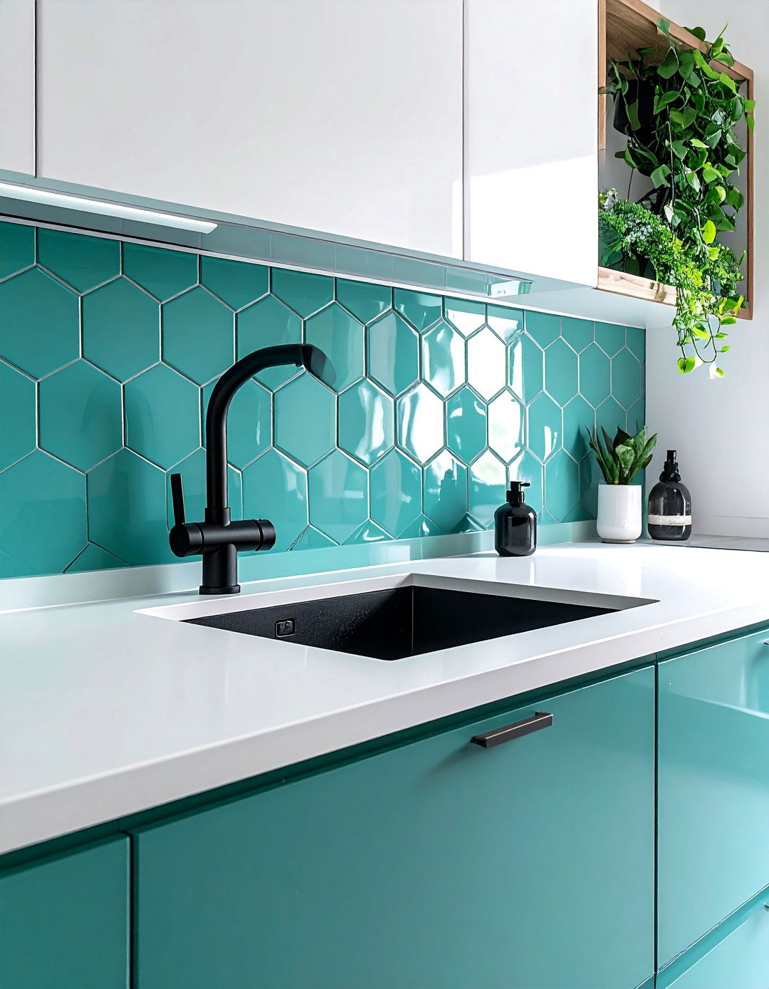 Teal Geometric Backsplash Tiles - 20 Teal and White Kitchen Design Ideas for a Fresh Look