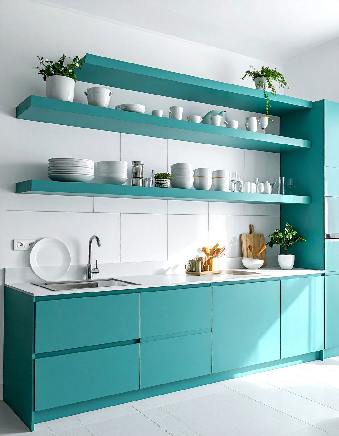Teal Open Shelving Against a White Wall - 20 Teal and White Kitchen Design Ideas for a Fresh Look