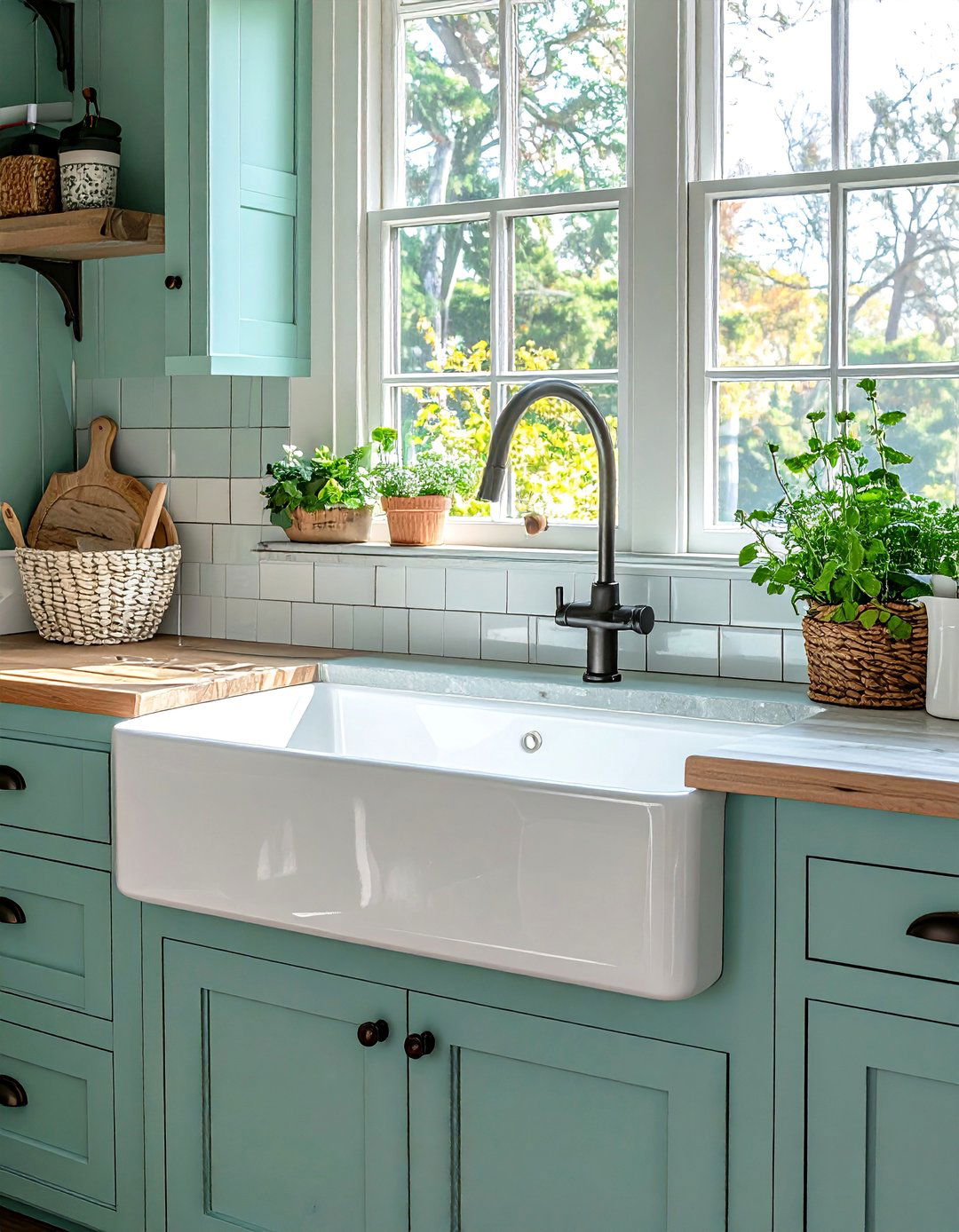 Teal and White Farmhouse Kitchen Sink Area - 20 Teal and White Kitchen Design Ideas for a Fresh Look