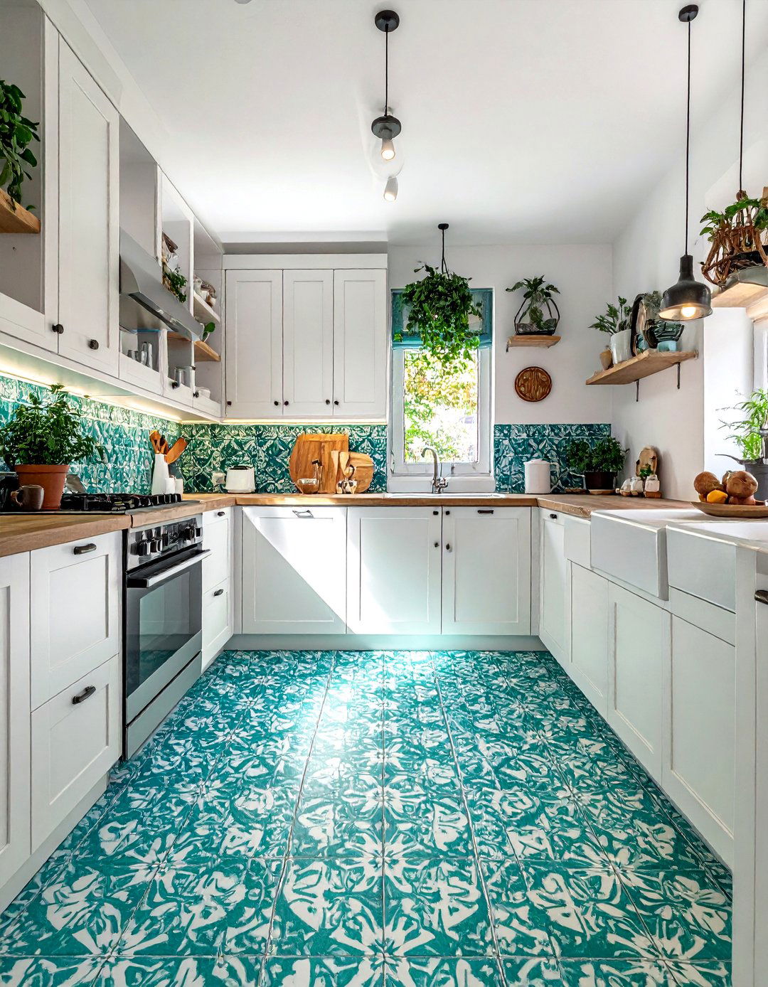 Teal and White Patterned Floor Tiles - 20 Teal and White Kitchen Design Ideas for a Fresh Look