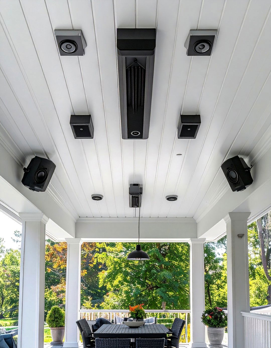 Tech Integrated Vinyl Porch Ceiling with Speakers - 20 Vinyl Porch Ceiling Ideas to Elevate Your Outdoor Space