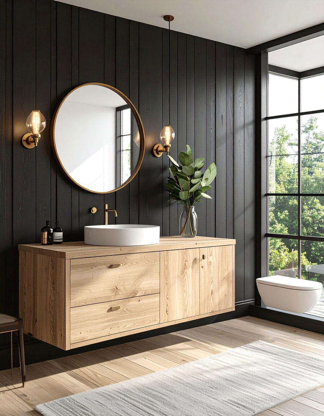Textured Black Powder Room with Vertical Shiplap - 25 Black Powder Room Ideas for a Bold Statement