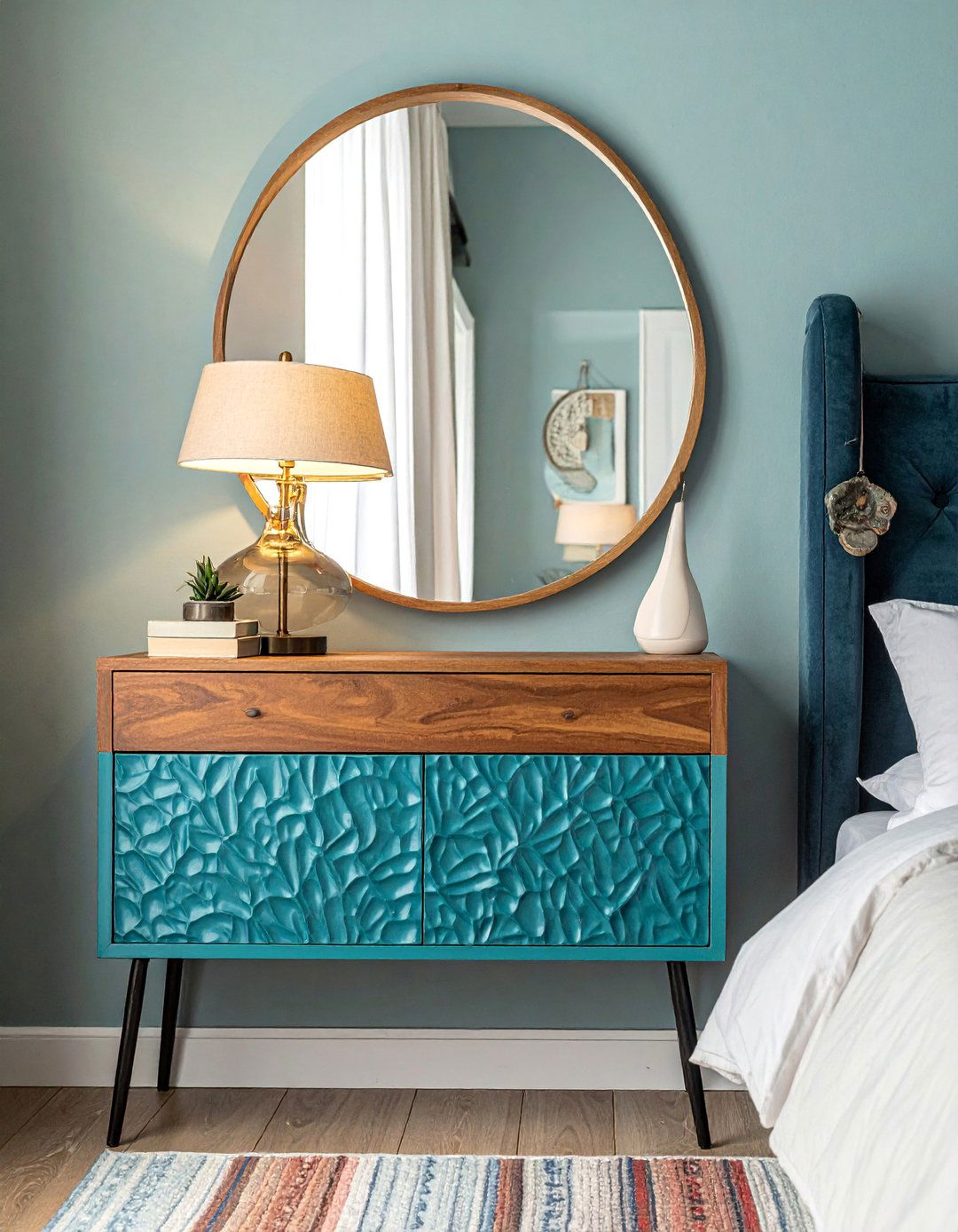 Textured Mirror Dimensional Interest - 15 Mirror Behind Nightstand Design Ideas for Style