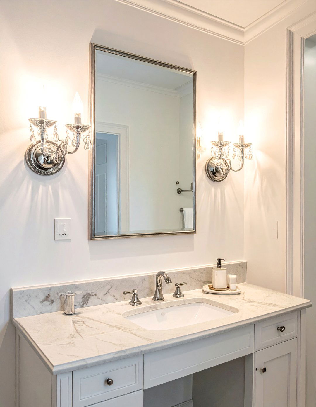 Traditional Bathroom with Crystal Sconce Lighting - 20 Traditional Bathroom Ideas for a Classic and Elegant Space