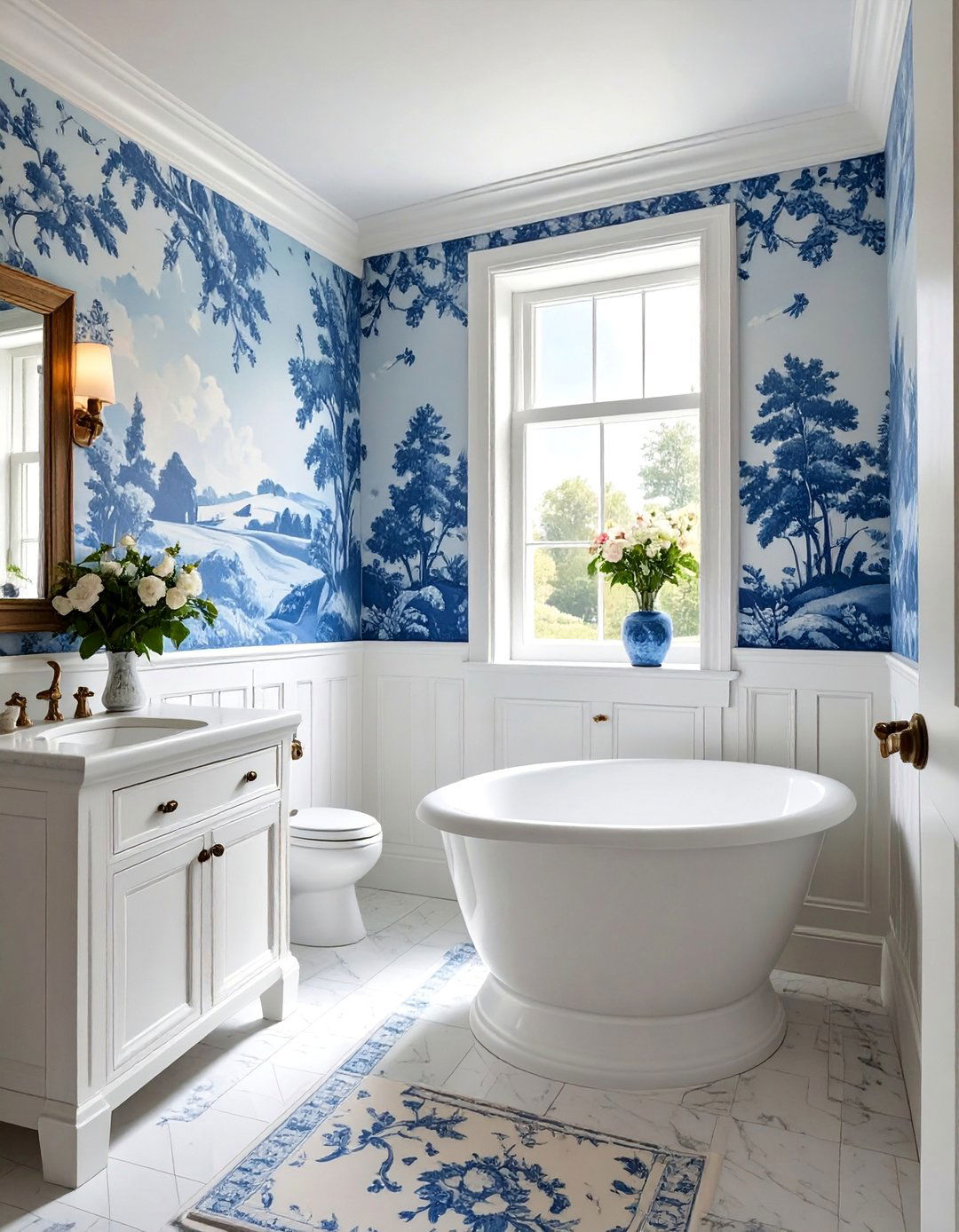 Traditional Bathroom with Toile Wallpaper - 20 Traditional Bathroom Ideas for a Classic and Elegant Space