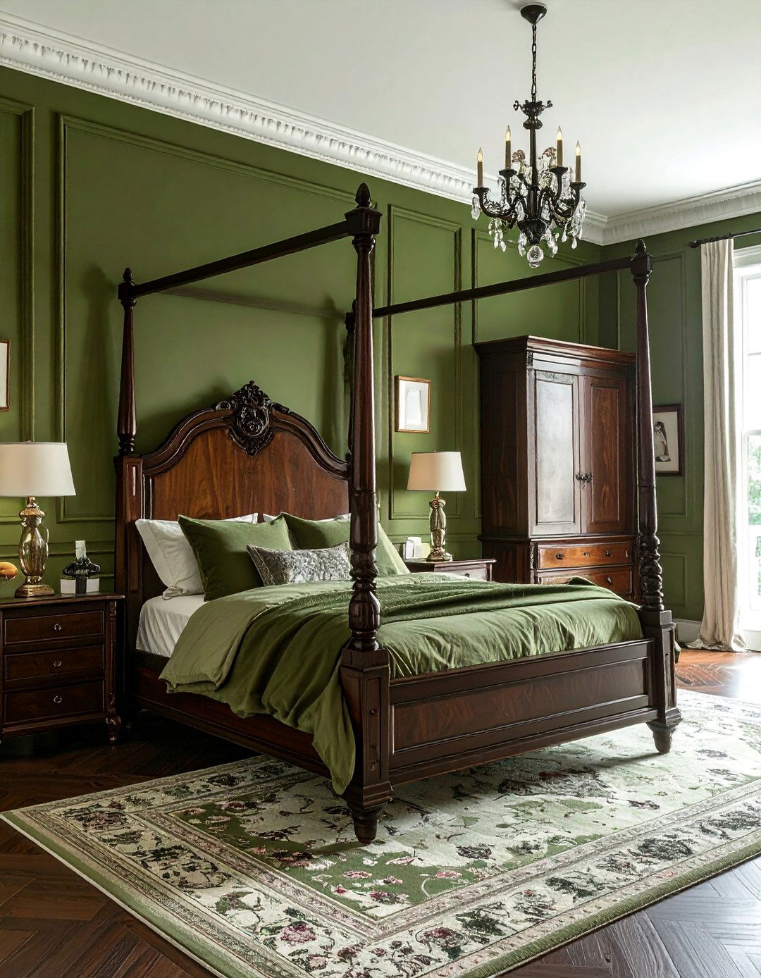 Traditional Olive Green Bedroom with Antique Furniture - 25 Olive Green Bedroom Ideas for a Sophisticated Look
