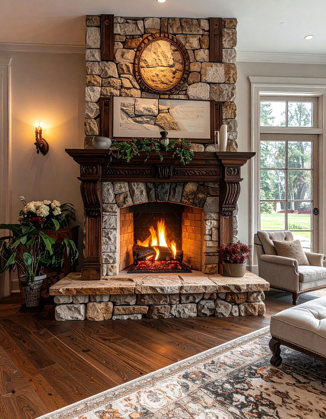 Traditional Stacked Stone Fireplace with an Ornate Mantel - 25 Stunning Stacked Stone Fireplace Design Ideas