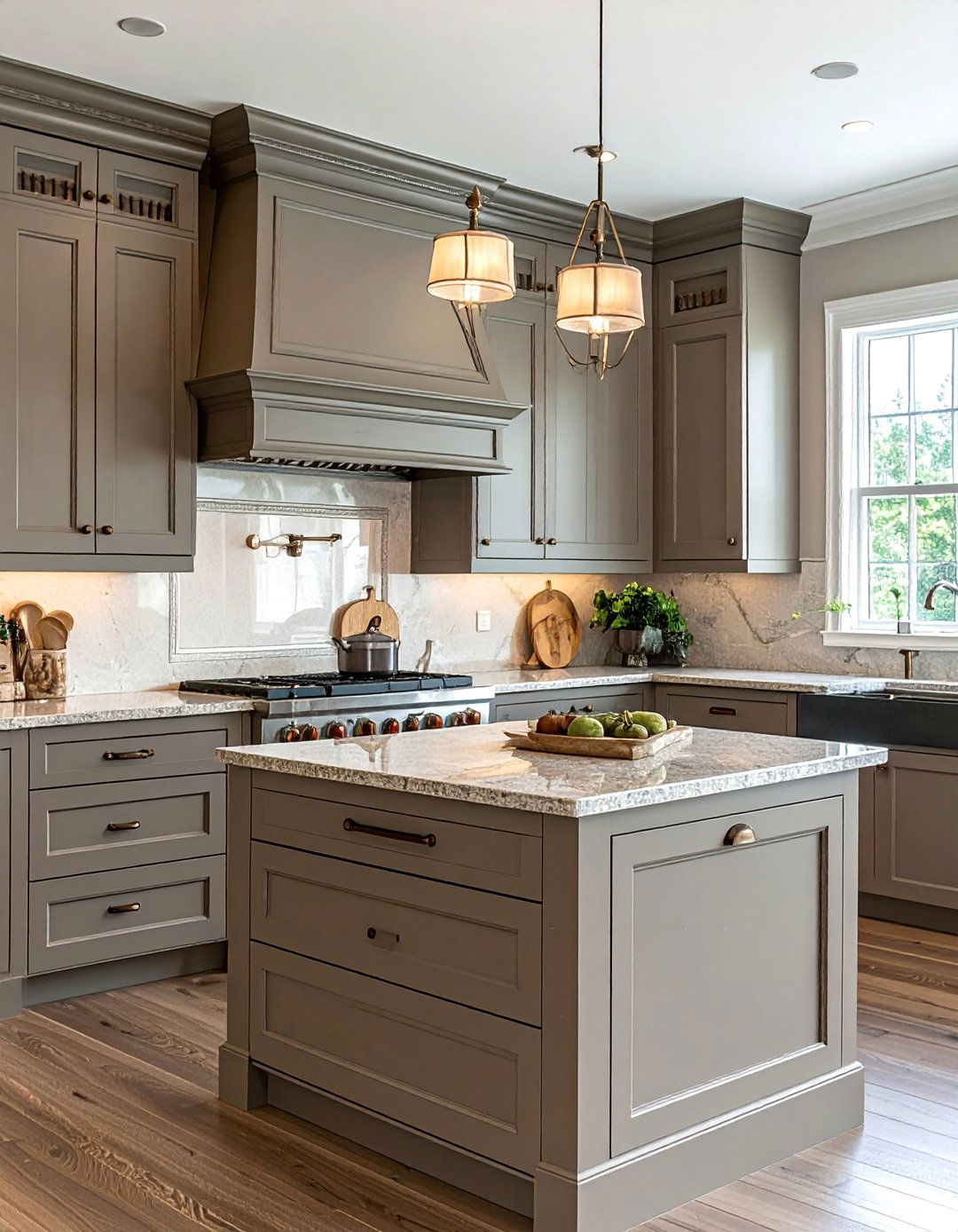 Traditional Taupe Kitchen Cabinets with Ornate Details - 25 Stunning Taupe Kitchen Cabinet Design Ideas