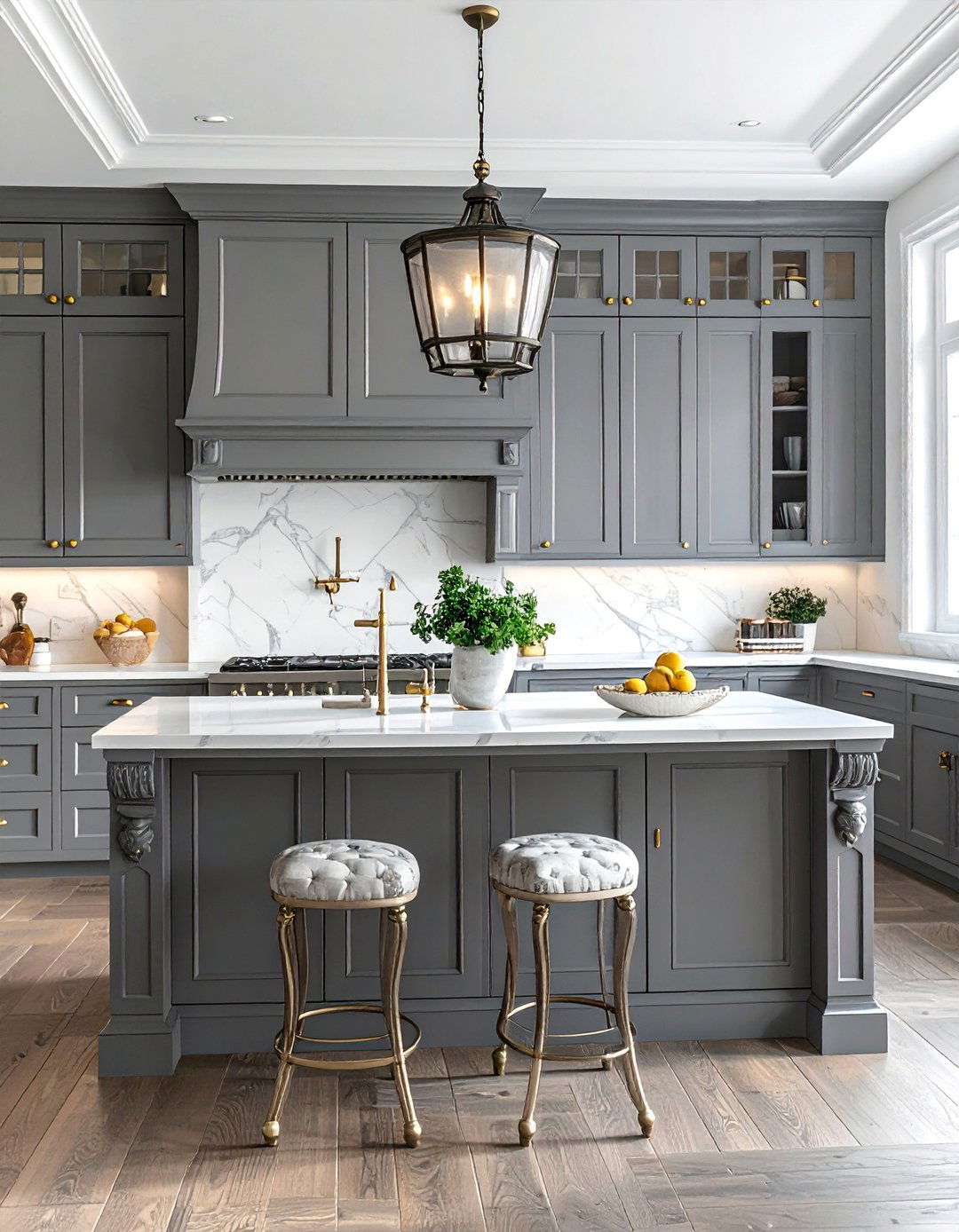 Traditional White Cabinets With a Slate Grey Island - 15 White Kitchen Cabinets With Grey Island Ideas