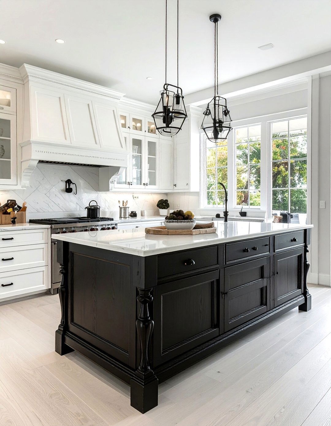 Traditional White Kitchen With A Distressed Black Island - 20 White Kitchen Ideas With Black Island for Contrast