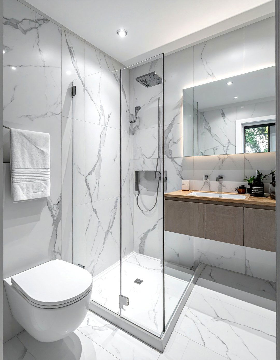 Transitional Bathroom with Carrara Marble Tiles - 30 Transitional Bathroom Ideas for a Modern Yet Classic Look