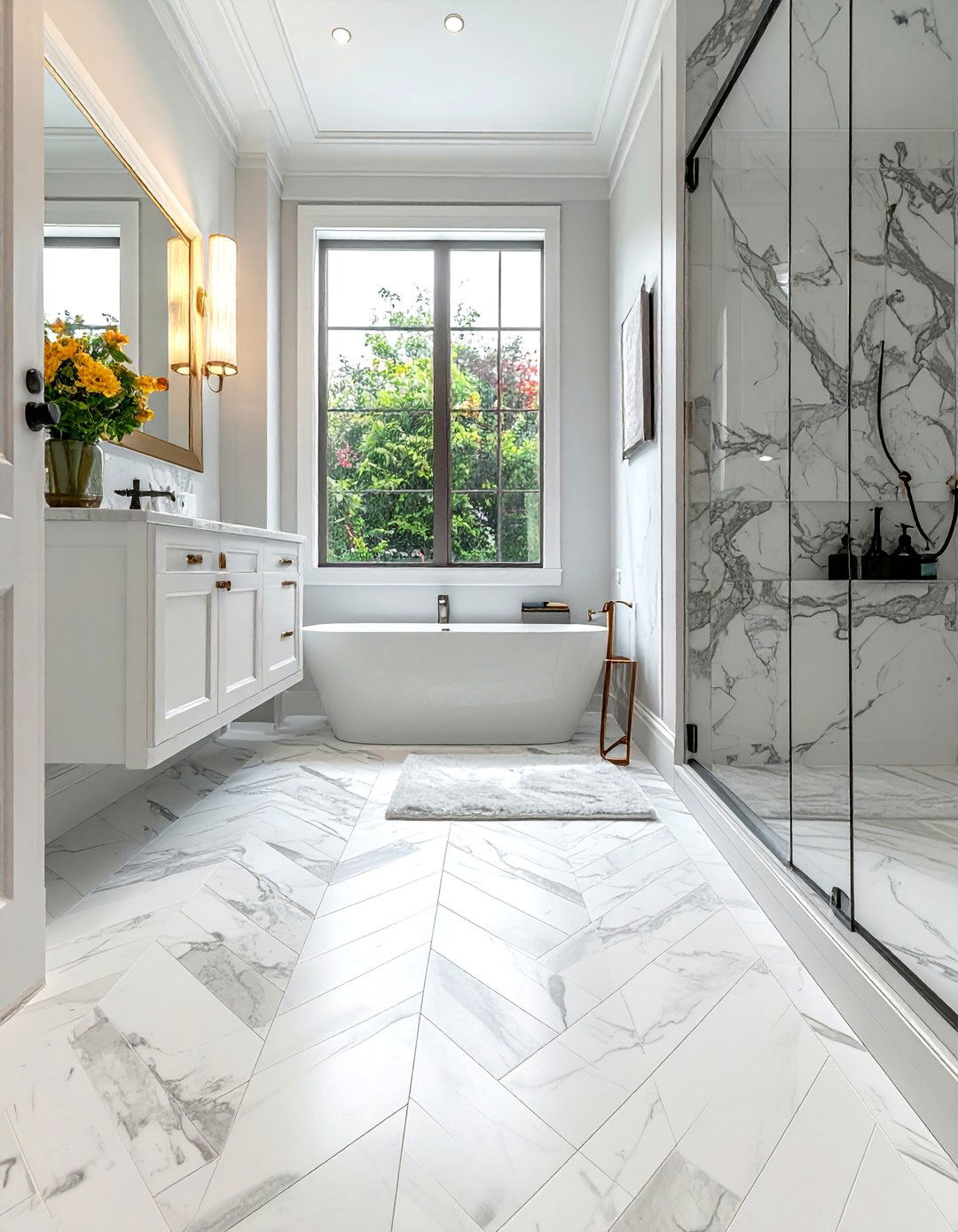Transitional Bathroom with Herringbone Tile Pattern - 30 Transitional Bathroom Ideas for a Modern Yet Classic Look
