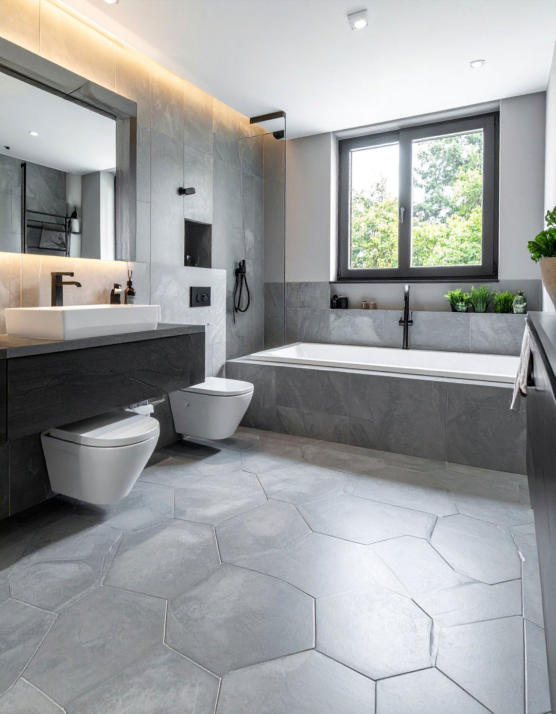 Transitional Bathroom with Hexagonal Floor Tiles - 30 Transitional Bathroom Ideas for a Modern Yet Classic Look