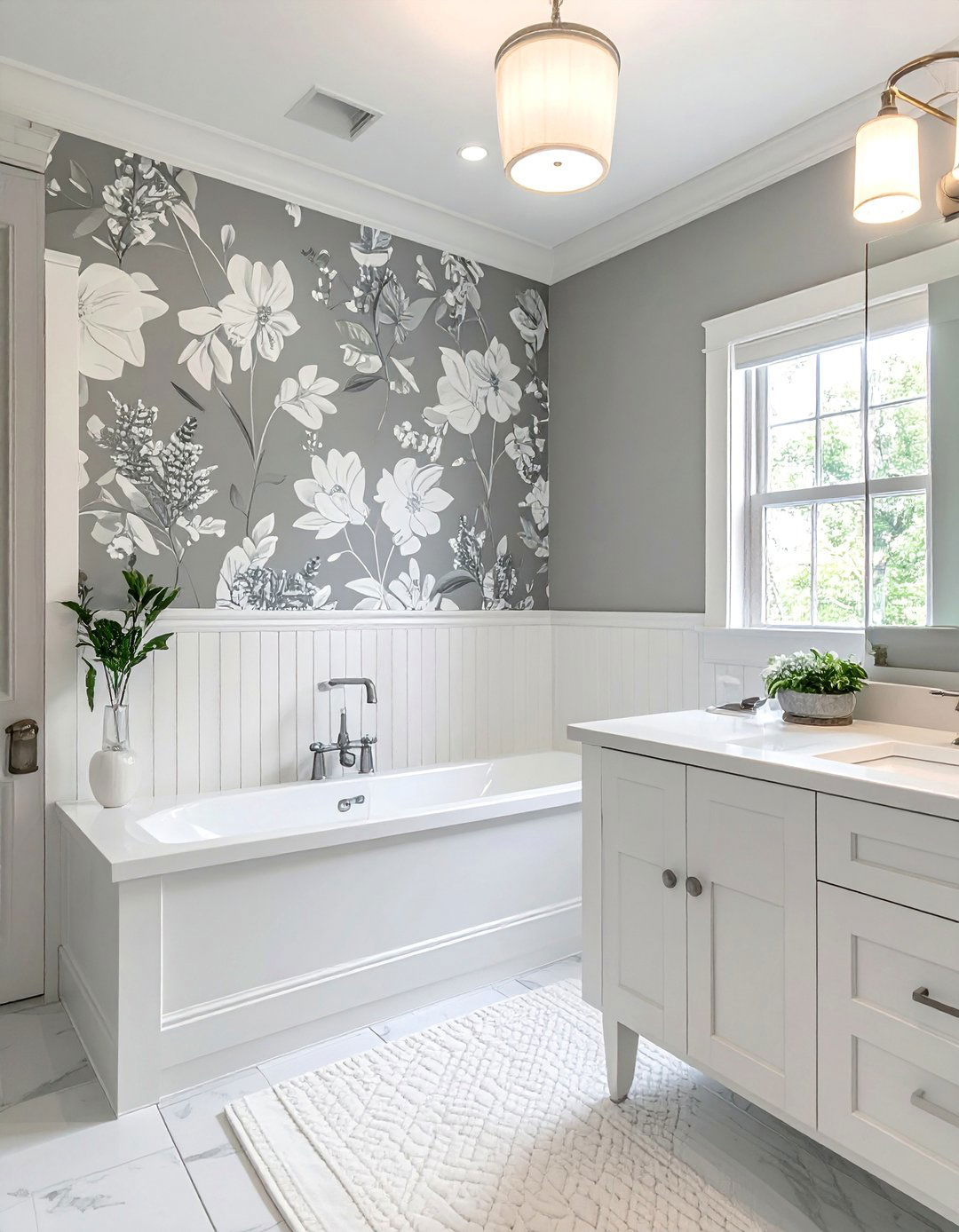 Transitional Bathroom with Wainscoting and Wallpaper - 30 Transitional Bathroom Ideas for a Modern Yet Classic Look