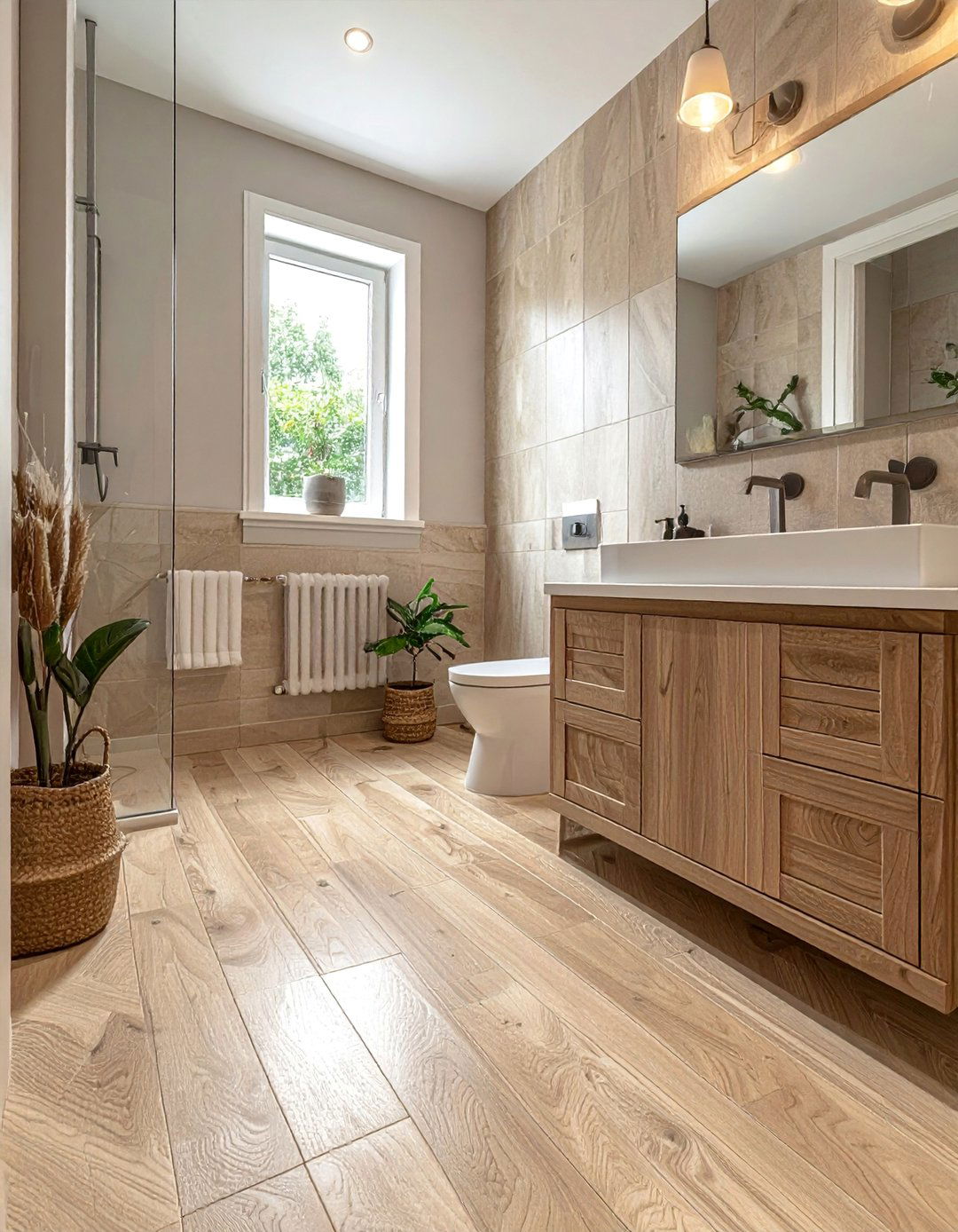 Transitional Bathroom with Wood Look Porcelain Tile - 30 Transitional Bathroom Ideas for a Modern Yet Classic Look