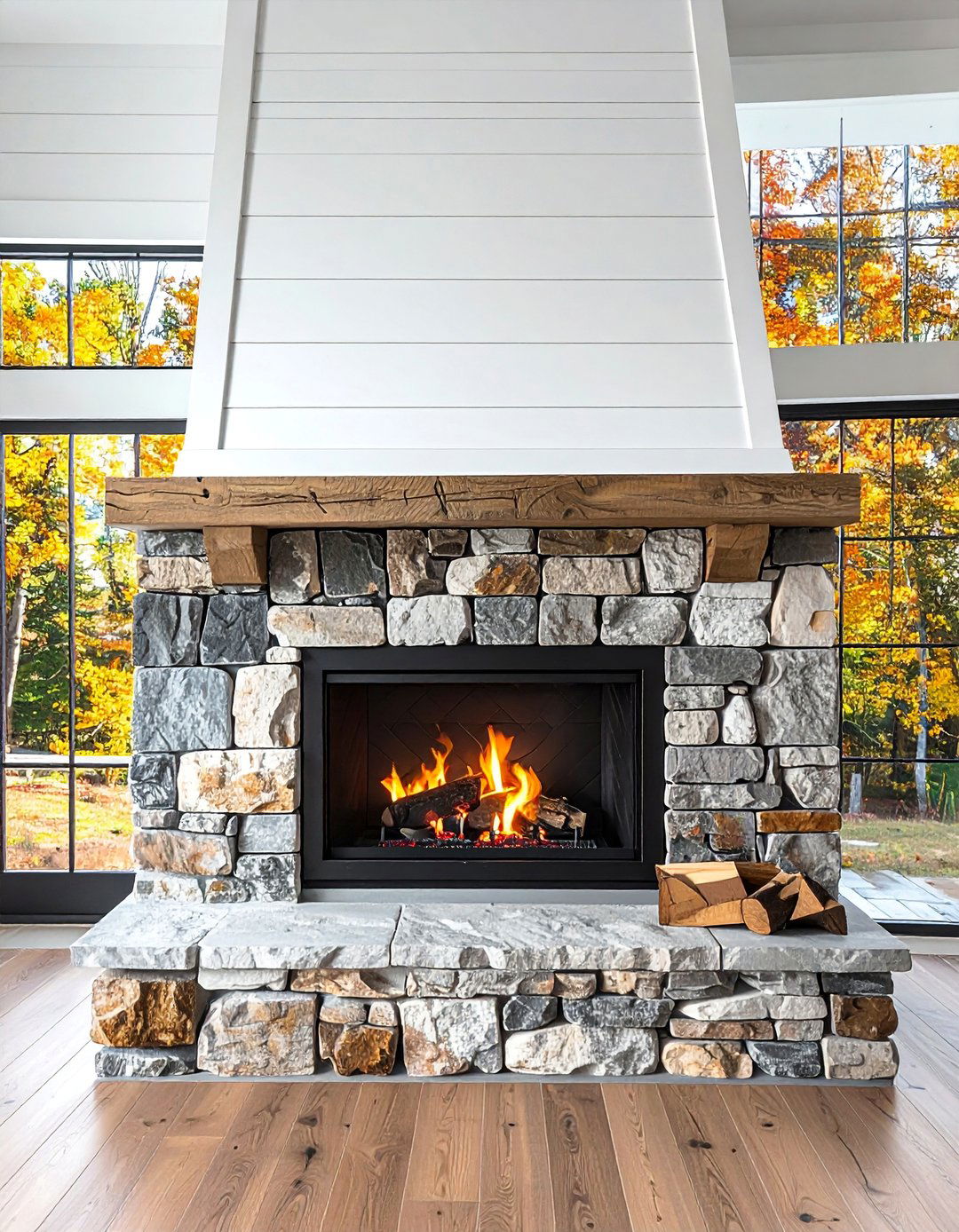 Transitional Stacked Stone Fireplace with Shiplap - 25 Stunning Stacked Stone Fireplace Design Ideas
