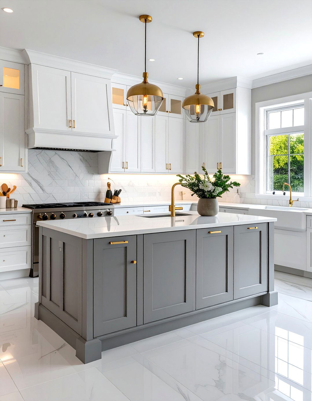 Transitional White Cabinets With a Medium Grey Island - 15 White Kitchen Cabinets With Grey Island Ideas