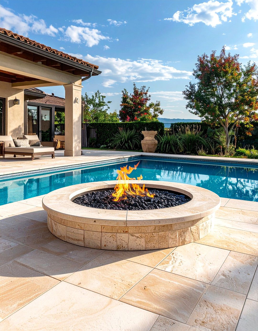 Travertine Pool Deck with Fire Bowl Extension - 25 Stone Patio with Fire Pit Ideas for Outdoor Fun