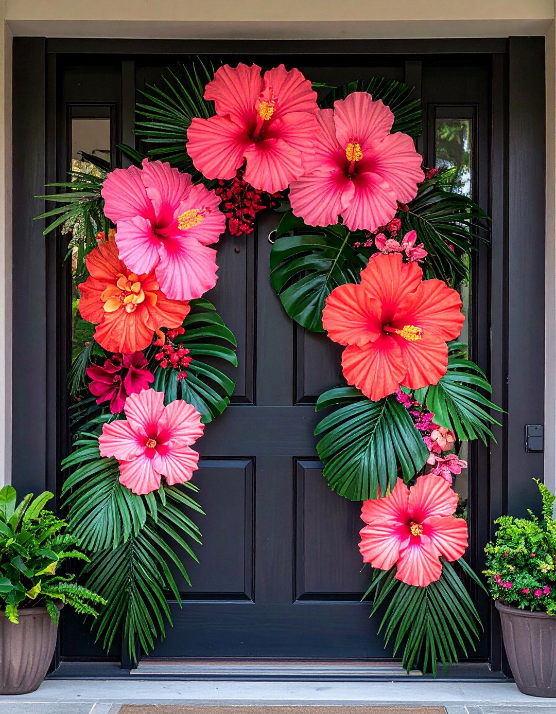 Tropical Hibiscus and Palm Leaf Display - 20 Summer Door Decoration Ideas to Welcome Guests