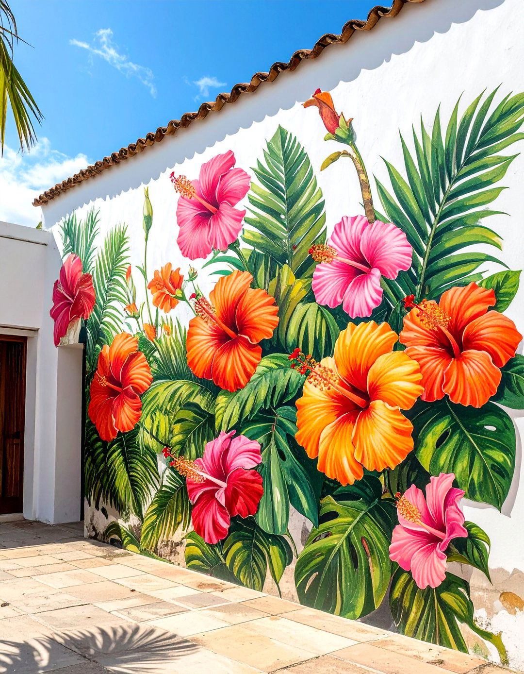 Tropical Hibiscus and Palm Leaf Flower Mural on a Building - 15 Flower Murals on Buildings Ideas for Urban Beauty