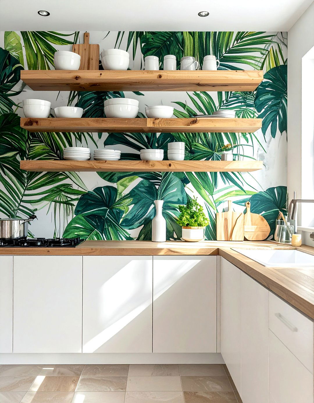 Tropical Kitchen Accent Wall with Palm Leaf Wallpaper - 20 Tropical Kitchen Ideas to Bring Paradise Indoors