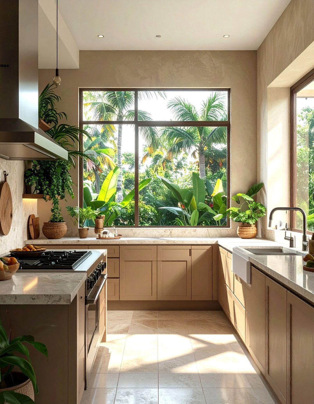 Tropical Kitchen Enhanced by Large Windows - 20 Tropical Kitchen Ideas to Bring Paradise Indoors