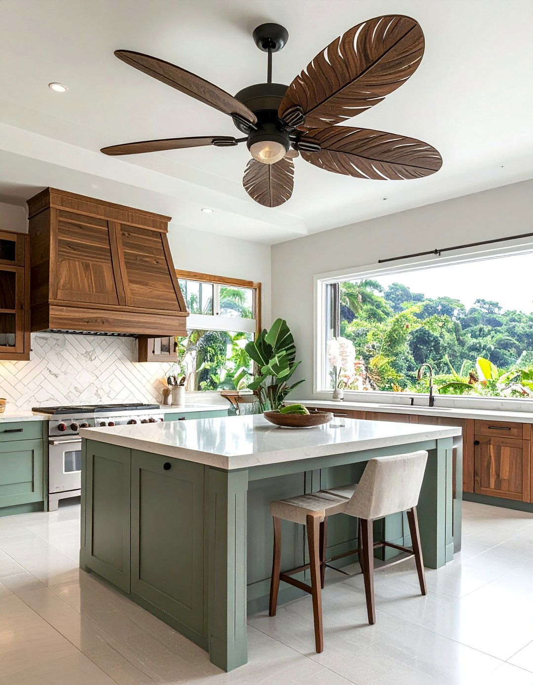 Tropical Kitchen Featuring a Leaf Blade Ceiling Fan - 20 Tropical Kitchen Ideas to Bring Paradise Indoors