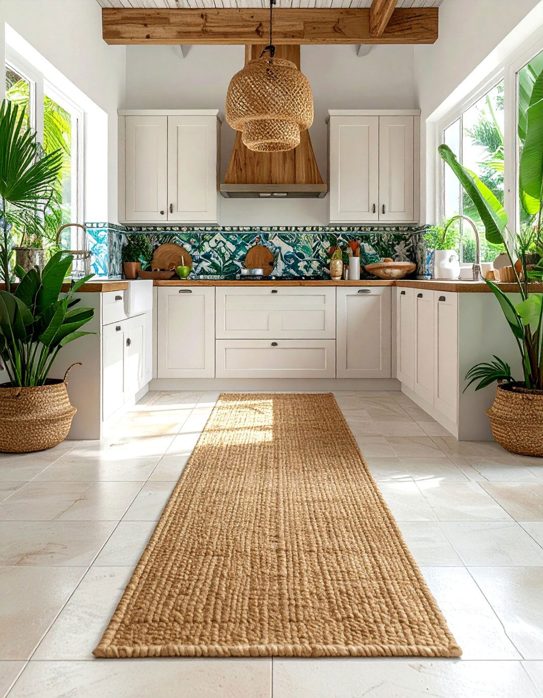 Tropical Kitchen Grounded by a Natural Jute Rug - 20 Tropical Kitchen Ideas to Bring Paradise Indoors
