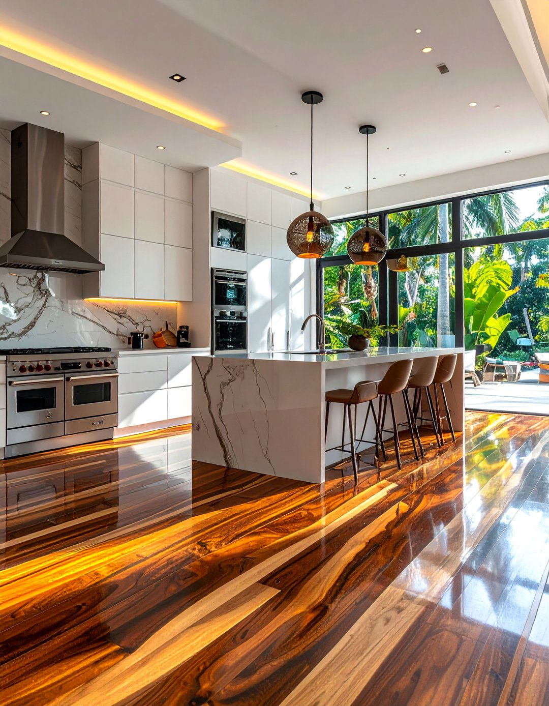 Tropical Kitchen with Exotic Hardwood Flooring - 20 Tropical Kitchen Ideas to Bring Paradise Indoors