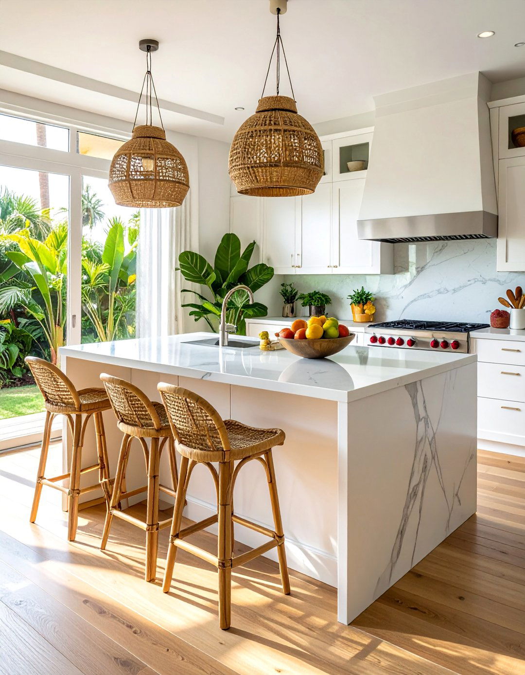 Tropical Kitchen with Rattan Bar Stools - 20 Tropical Kitchen Ideas to Bring Paradise Indoors