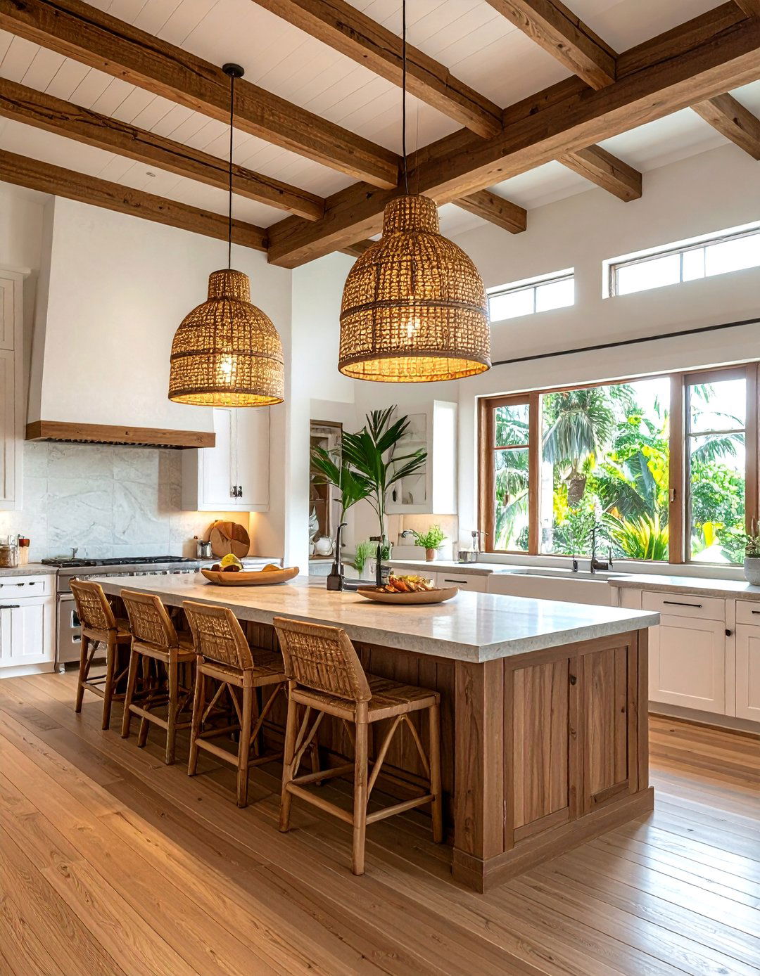 Tropical Kitchen with Woven Pendant Lights - 20 Tropical Kitchen Ideas to Bring Paradise Indoors
