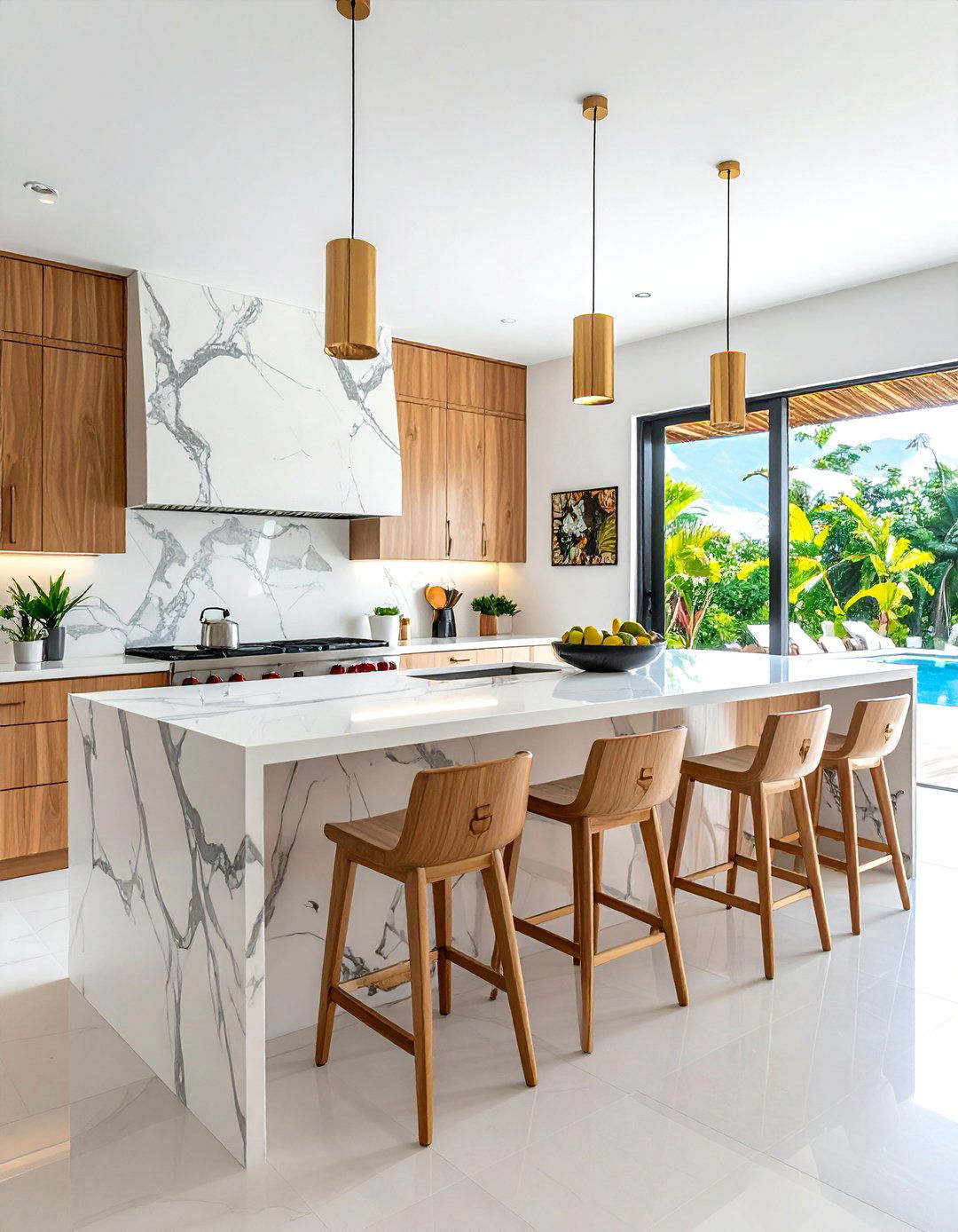 Tropical Kitchen with a Statement Waterfall Island - 20 Tropical Kitchen Ideas to Bring Paradise Indoors