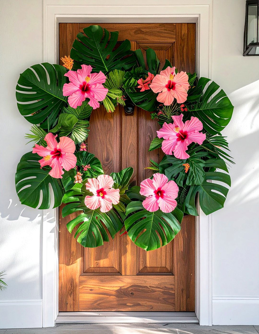 Tropical Leaf and Hibiscus Flower Arrangements - 15 Summer Front Door Decor Ideas for a Welcoming Entry