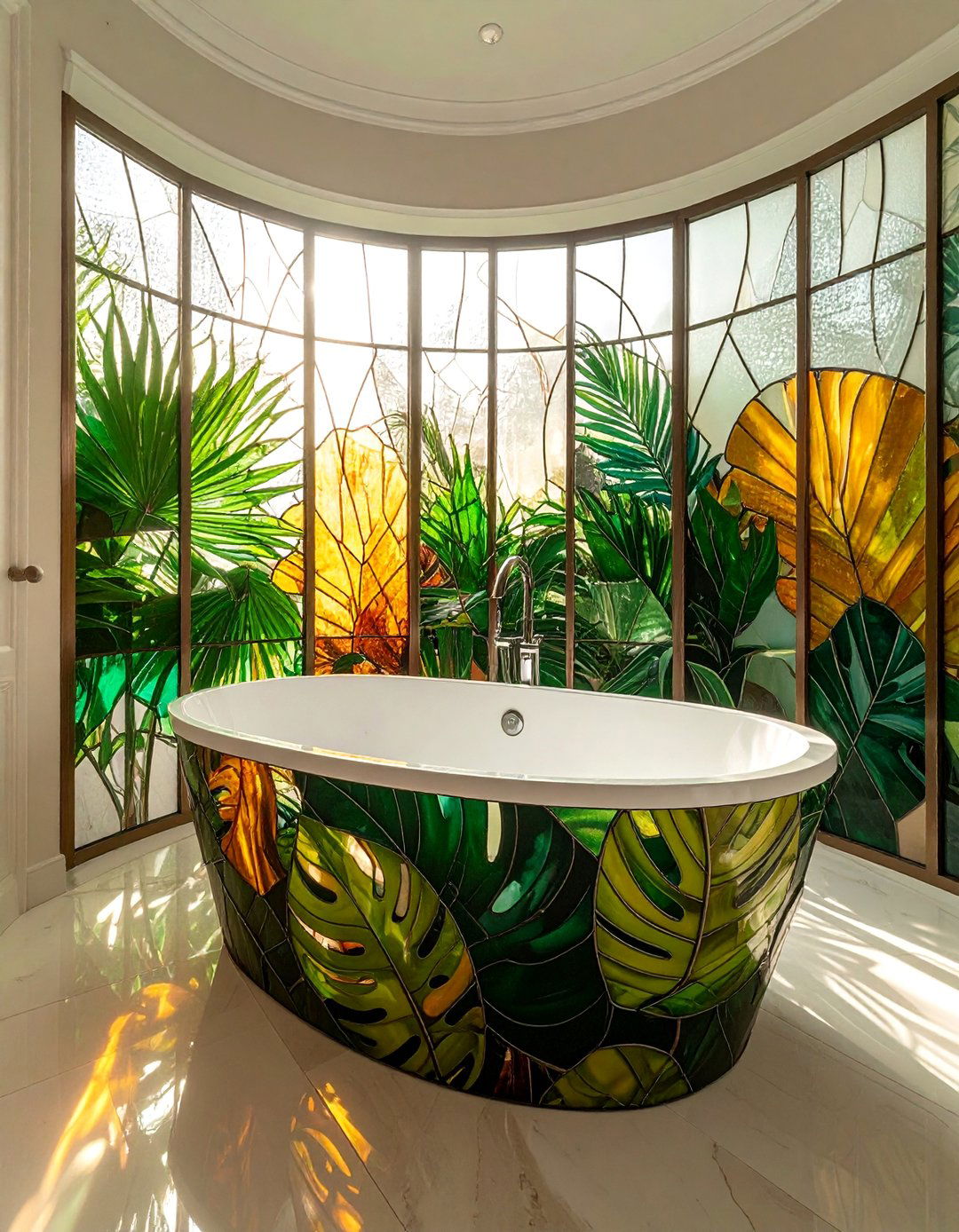 Tropical Palm Leaf Stained Glass Bathtub Enclosure - 20 Stained Glass Bathtub Ideas for a Luxurious Bathroom