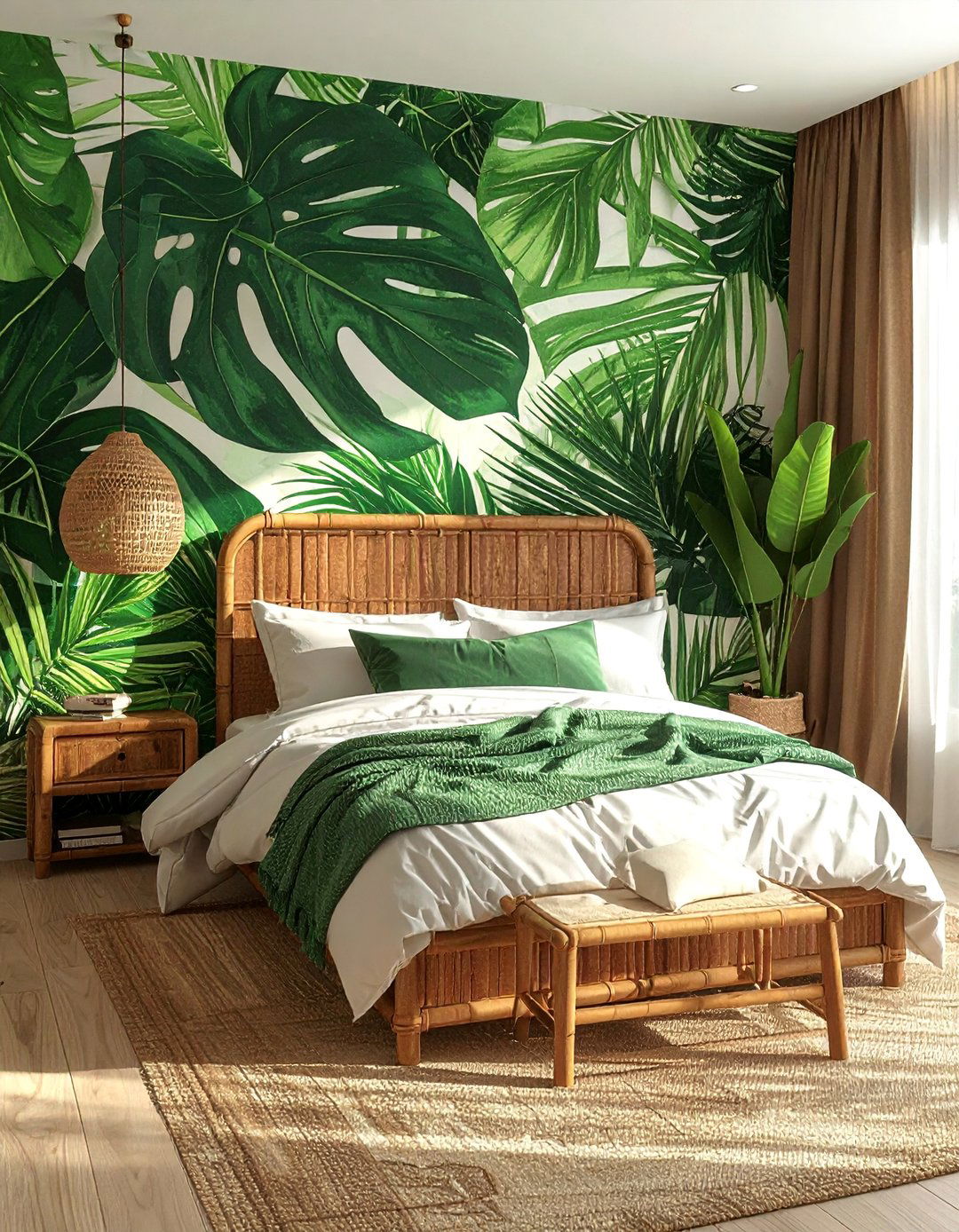 Tropical Theme with Green Leaf Patterned Wallpaper and Bamboo - 20 Green and Brown Bedroom Ideas for a Natural Look