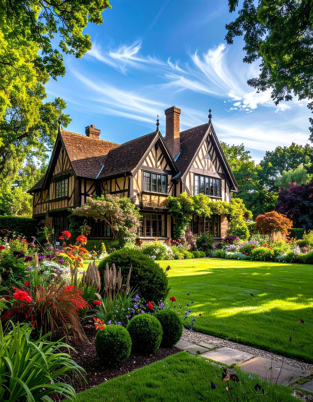 Tudor Style Exterior with Half Timbering and Steep Roofs - 20 Aesthetic House Exterior Ideas to Boost Curb Appeal