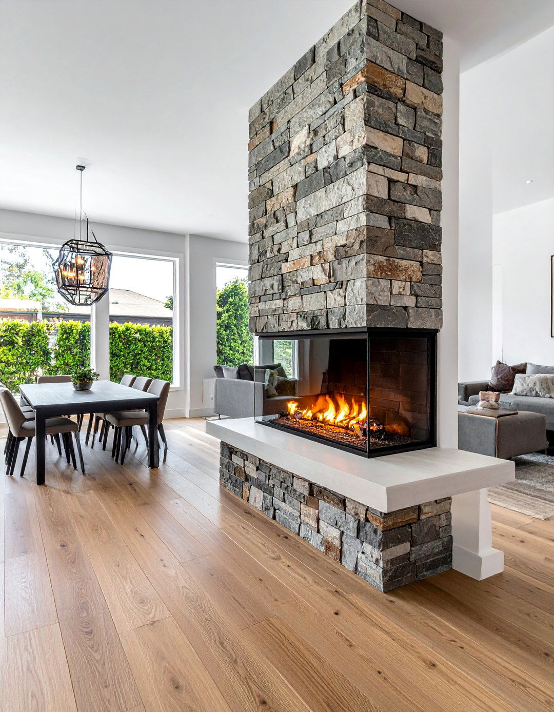 Two Sided Stacked Stone Fireplace as a Room Divider - 25 Stunning Stacked Stone Fireplace Design Ideas