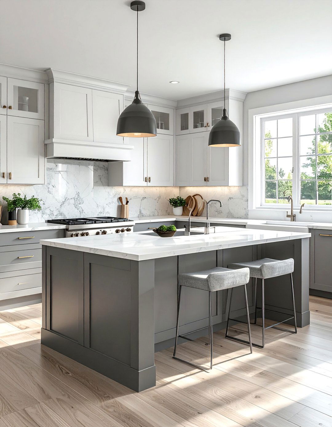 Two Tone Kitchen With White Uppers and a Grey Island - 15 White Kitchen Cabinets With Grey Island Ideas