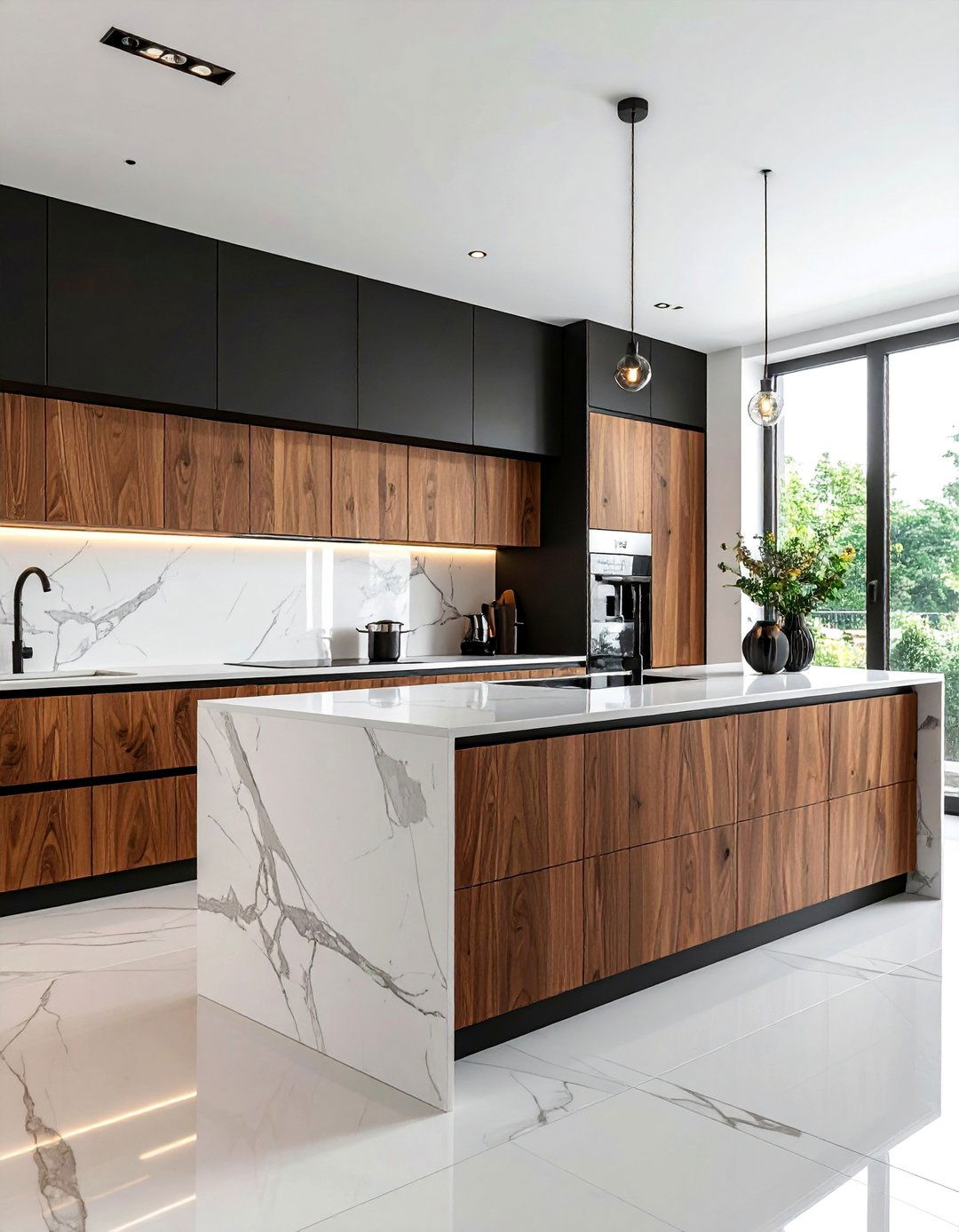 Two Tone Kitchen with Black Uppers and Brown Lowers - 20 Black and Brown Kitchen Ideas for a Warm Aesthetic